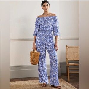 Boden Blue White Paisley Print Off The Shoulder Wide Leg Jumpsuit Size 6Tall